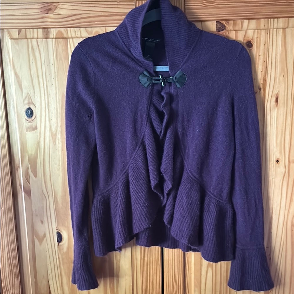 Purple Ellen Solano Cardigan Sweater with Ruffled Front and Tie Closure